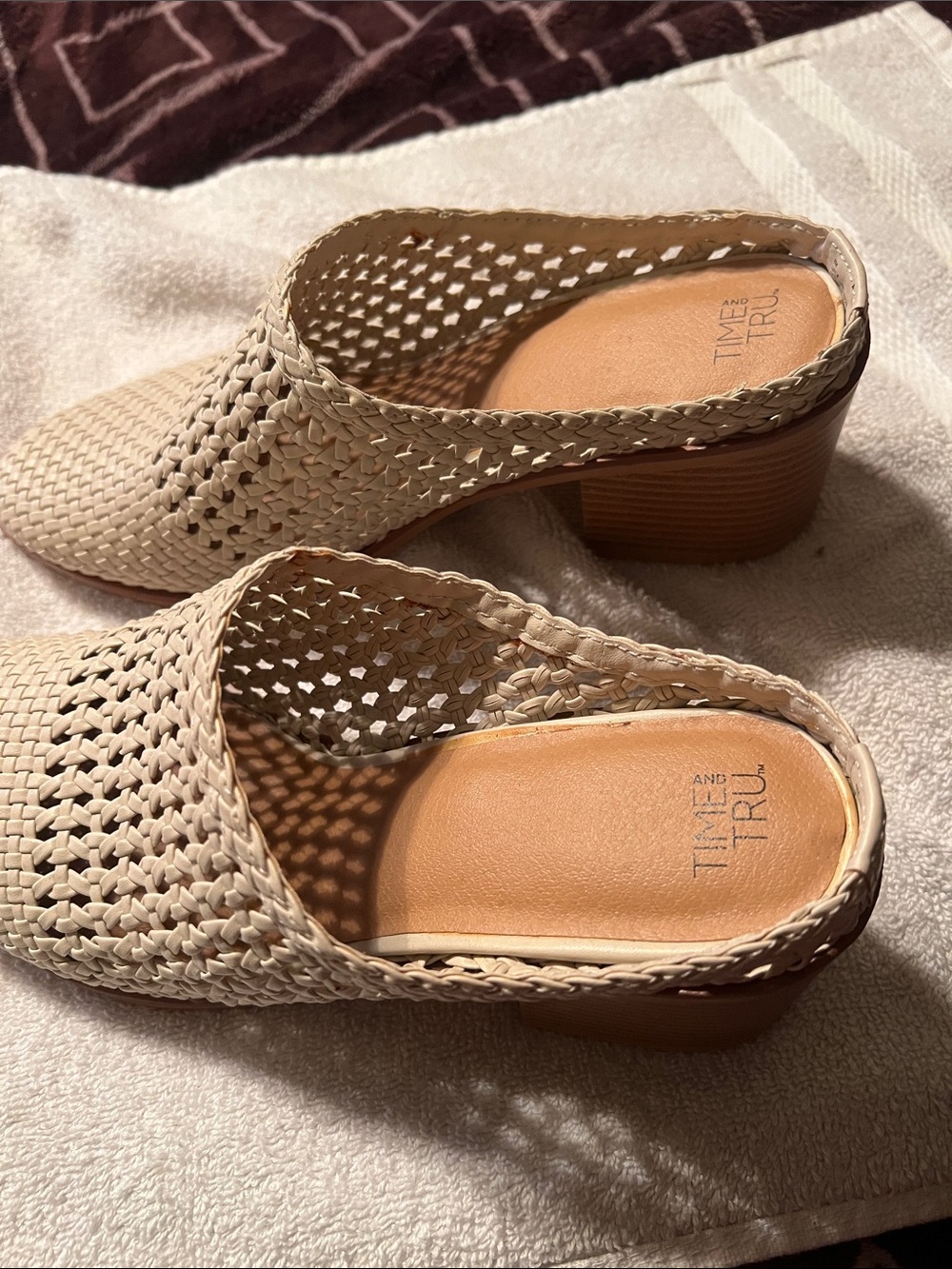 Time and Tru Cream Woven Slide Mules with Low Block Heel